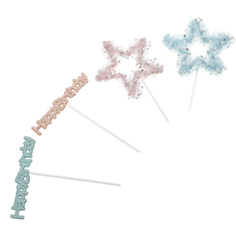Pink Blue Pearl Star Cake Topper Set For Birthday Party Cupcake Decorations - Image 2