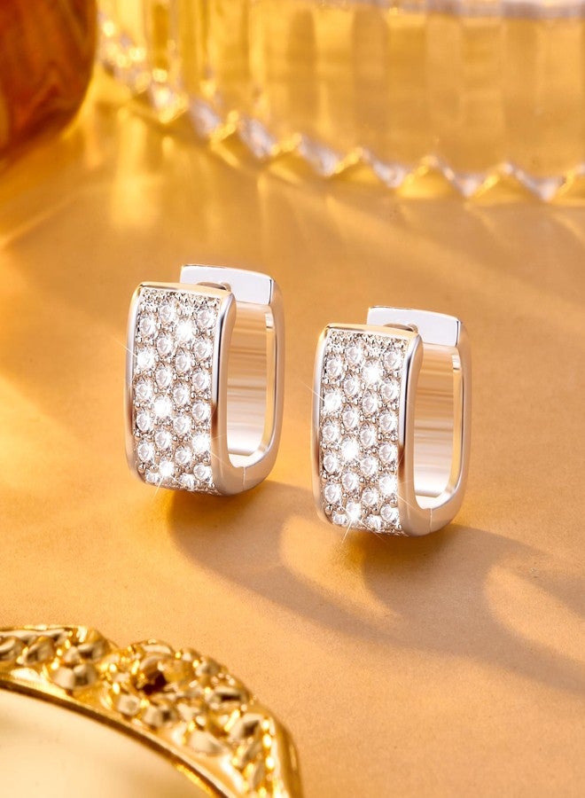 ALEXCRAFT 925 Sterling Silver Earrings for Women 14K Gold Plated Hoop, ALEXCRAFT Small Chunky Silver Earring for Trendy Women Cubic Zirconia Square Hoops Hypoallergenic Thick Huggie Earings, Medium, Silver, - Image 5