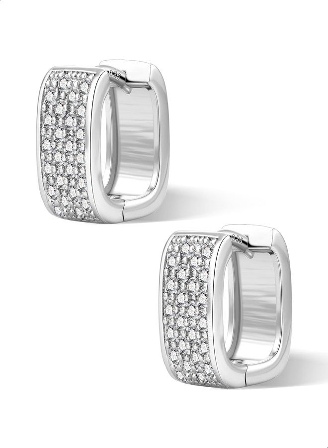 ALEXCRAFT 925 Sterling Silver Earrings for Women 14K Gold Plated Hoop, ALEXCRAFT Small Chunky Silver Earring for Trendy Women Cubic Zirconia Square Hoops Hypoallergenic Thick Huggie Earings, Medium, Silver, - Image 1