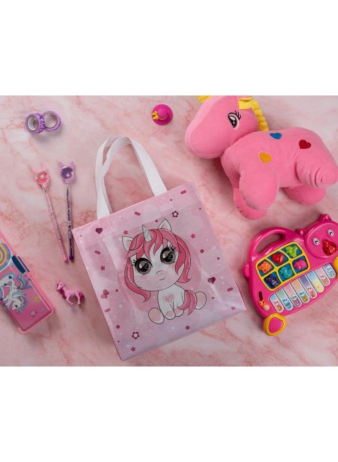 Drapme Small Size Pack of 10 Pcs Glossy Finish Unicorn Printed Non-Woven Reusable Eco-Friendly Party Return Carry Gift Bags (Pink) (Small 9.5x10x4 Inch) - Image 4