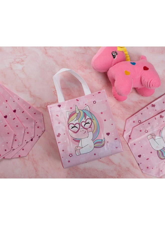 Drapme Small Size Pack of 10 Pcs Glossy Finish Unicorn Printed Non-Woven Reusable Eco-Friendly Party Return Carry Gift Bags (Pink) (Small 9.5x10x4 Inch) - Image 3