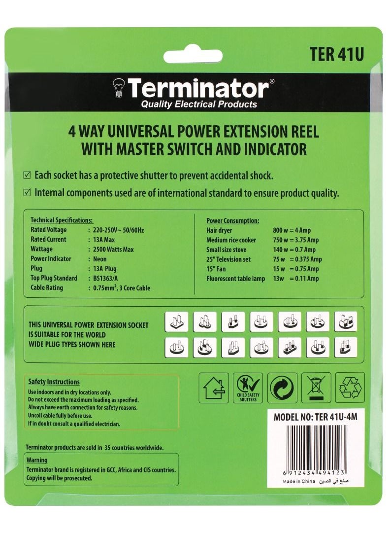 Terminator - Terminator  4 Way Universal Power Extension Reel With Master Switch Indicator and 4M Cable - Image 1