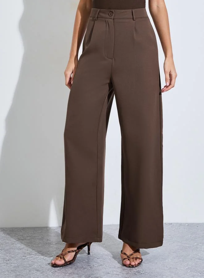 Styli  Brown Solid Double-Breasted Blazer and Wide Leg Pants Set for Women | Best Price UAE