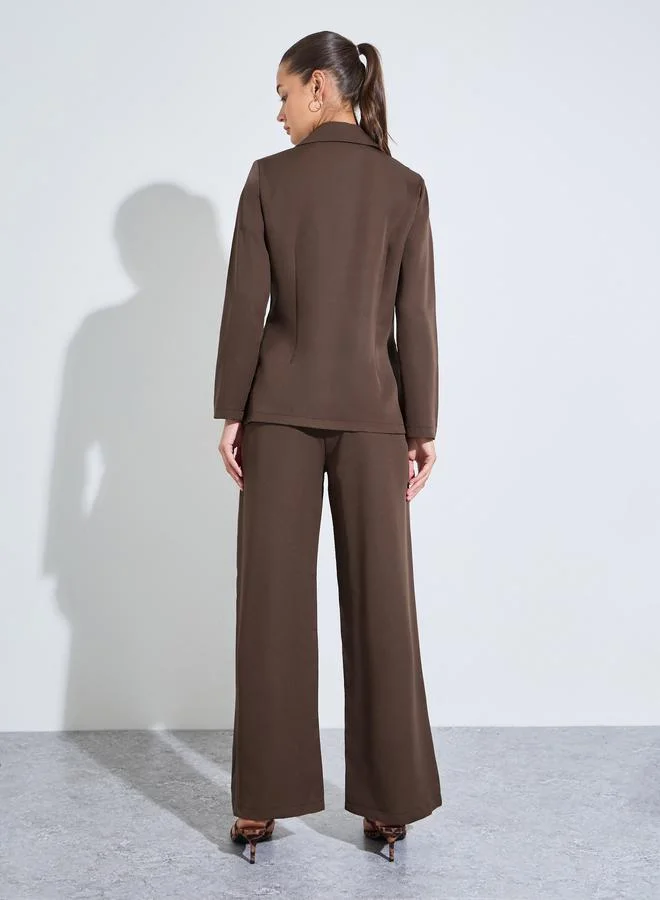 Styli  Brown Solid Double-Breasted Blazer and Wide Leg Pants Set for Women | Best Price UAE
