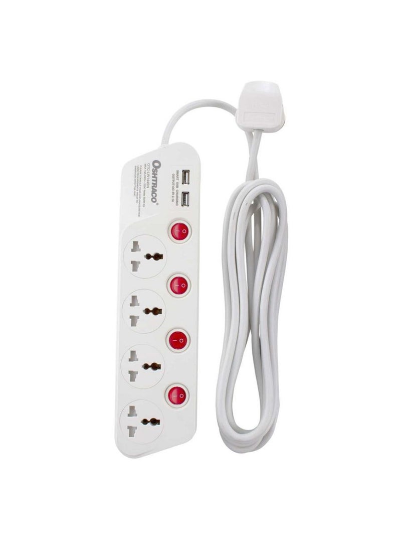 Oshtraco 4-Way Extension Cord W/ 2 USB Ports 4m