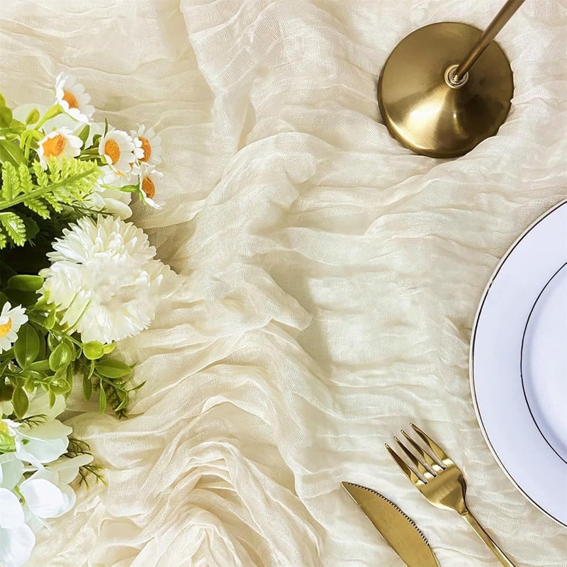 Gauze Pleated Table Runner – 90x300cm, No.15 Beige, Wrinkle Resistant, Rustic Linen Look