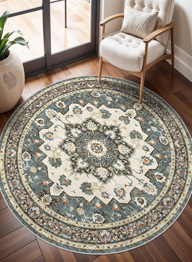 TOPRUUG Washable Oriental Area Rug - 6ft Round Rugs for Living Room Soft Carpet for Bedroom Waterproof Floral Distressed Indoor Stain Resistant Non-Shedding Floor Carpets (Blue, 6ft-Round) - Image 1