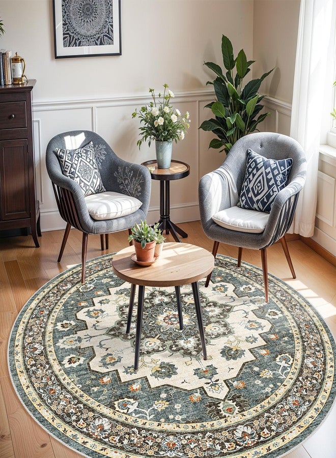 TOPRUUG Washable Oriental Area Rug - 6ft Round Rugs for Living Room Soft Carpet for Bedroom Waterproof Floral Distressed Indoor Stain Resistant Non-Shedding Floor Carpets (Blue, 6ft-Round) - Image 2