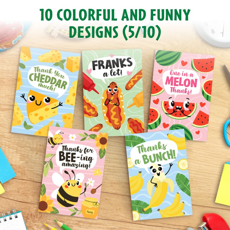 Decorably 60 Pack 3.5x5in Colorful Funny Kids Thank You Cards with Envelopes & Stickers for Teachers, Students & Coworker Appreciation, 10 Playful Folded Designs, Blank Inside - Birthday, Kid's Party - Image 4