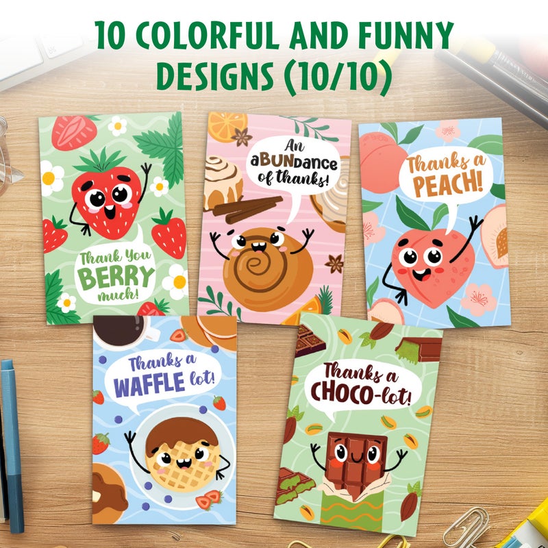 Decorably 60 Pack 3.5x5in Colorful Funny Kids Thank You Cards with Envelopes & Stickers for Teachers, Students & Coworker Appreciation, 10 Playful Folded Designs, Blank Inside - Birthday, Kid's Party - Image 5