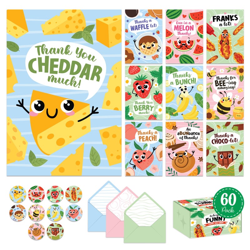 Decorably 60 Pack 3.5x5in Colorful Funny Kids Thank You Cards with Envelopes & Stickers for Teachers, Students & Coworker Appreciation, 10 Playful Folded Designs, Blank Inside - Birthday, Kid's Party - Image 1