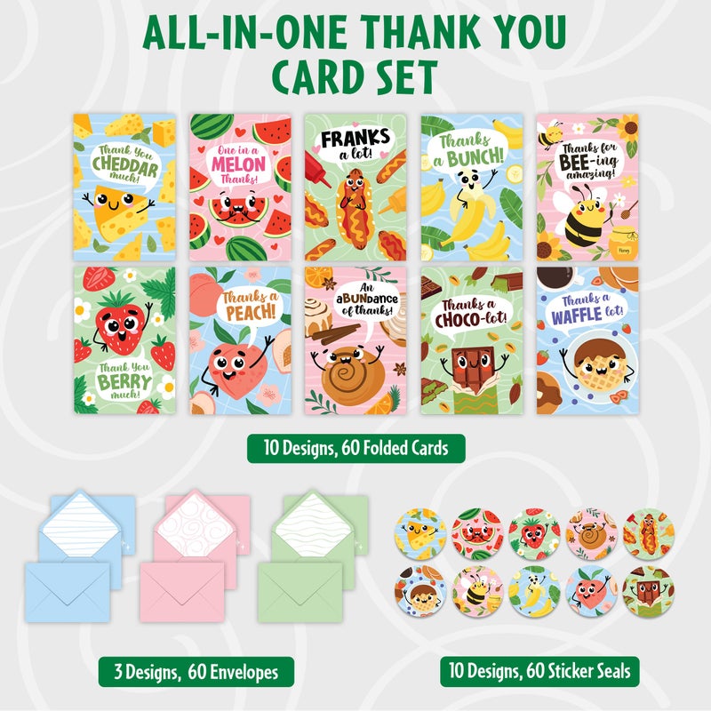 Decorably 60 Pack 3.5x5in Colorful Funny Kids Thank You Cards with Envelopes & Stickers for Teachers, Students & Coworker Appreciation, 10 Playful Folded Designs, Blank Inside - Birthday, Kid's Party - Image 3