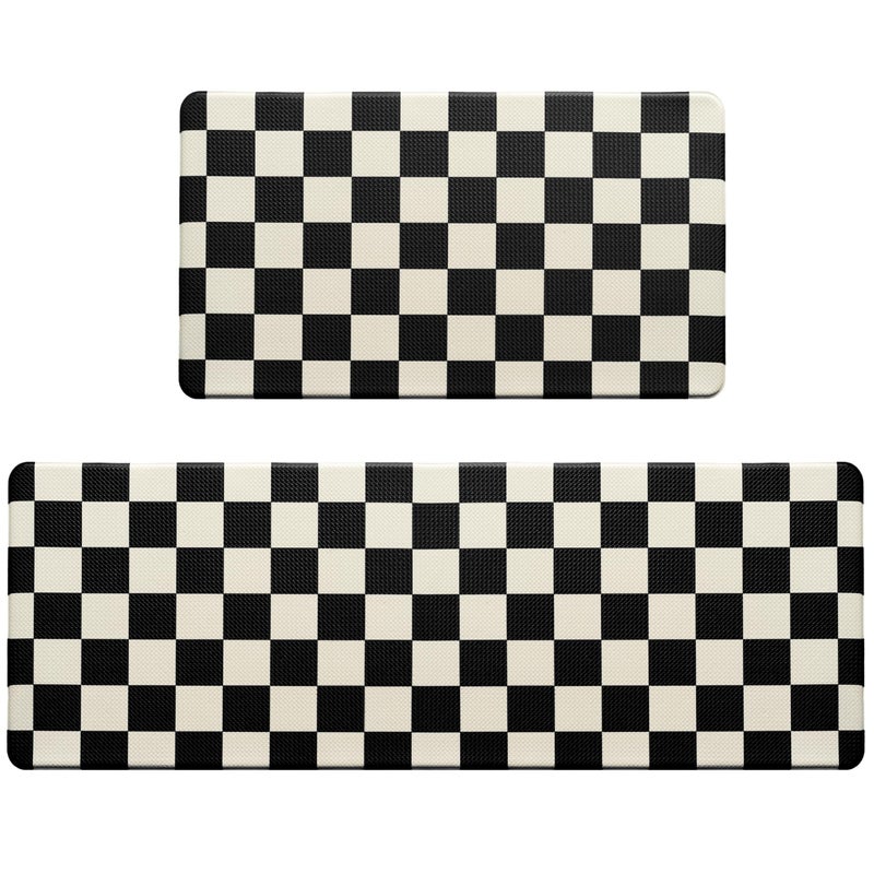 VivaNest Beige Black Checkered Grid Checkerboard Kitchen Rug Sets [2 PCs], Anti-Fatigue, Waterproof Non-Slip Kitchen Mats Heavy Duty Comfort Foam Rug for Kitchen, Floor, Laundry,17"x29"+17"x47" - Image 3