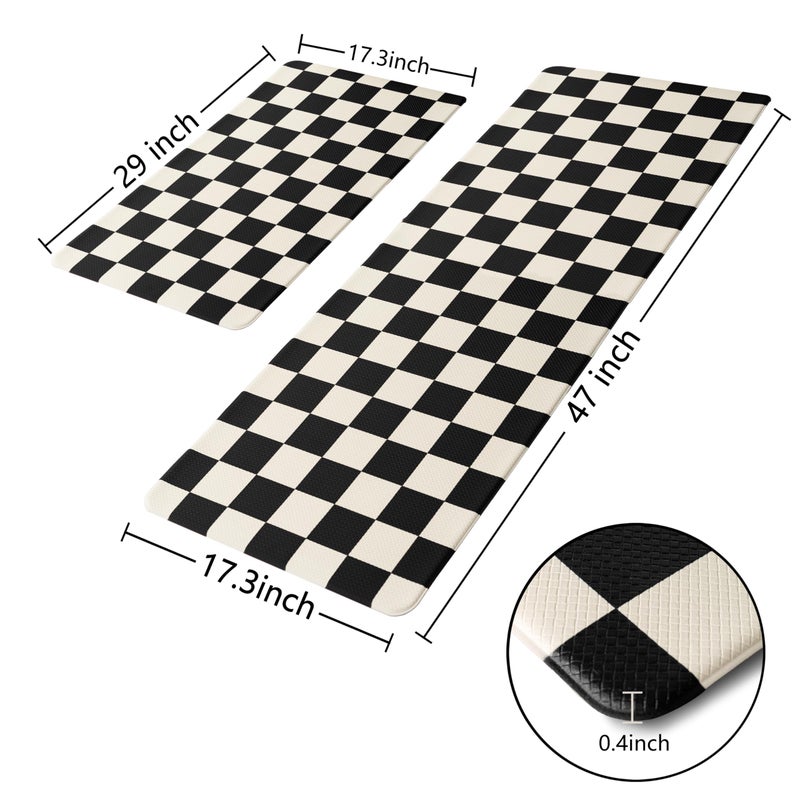VivaNest Beige Black Checkered Grid Checkerboard Kitchen Rug Sets [2 PCs], Anti-Fatigue, Waterproof Non-Slip Kitchen Mats Heavy Duty Comfort Foam Rug for Kitchen, Floor, Laundry,17"x29"+17"x47" - Image 4