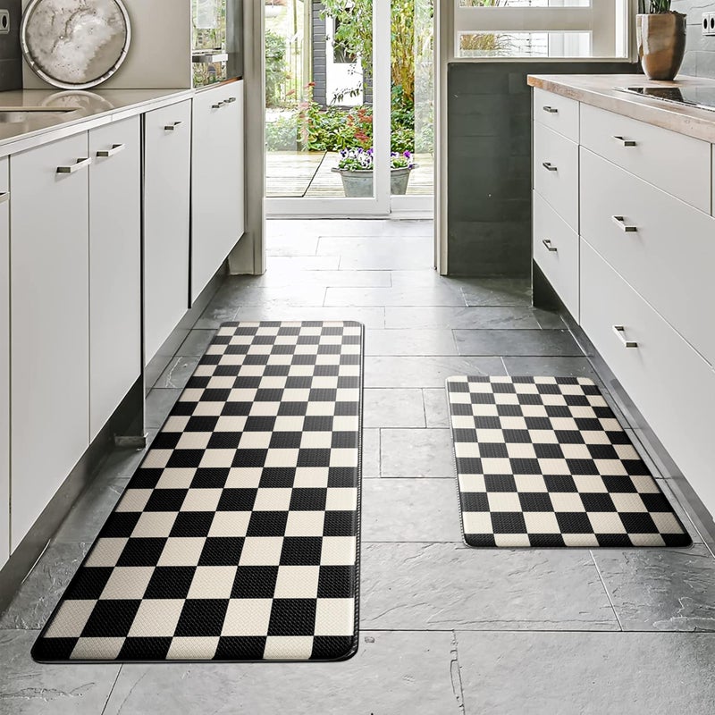 VivaNest Beige Black Checkered Grid Checkerboard Kitchen Rug Sets [2 PCs], Anti-Fatigue, Waterproof Non-Slip Kitchen Mats Heavy Duty Comfort Foam Rug for Kitchen, Floor, Laundry,17"x29"+17"x47" - Image 2
