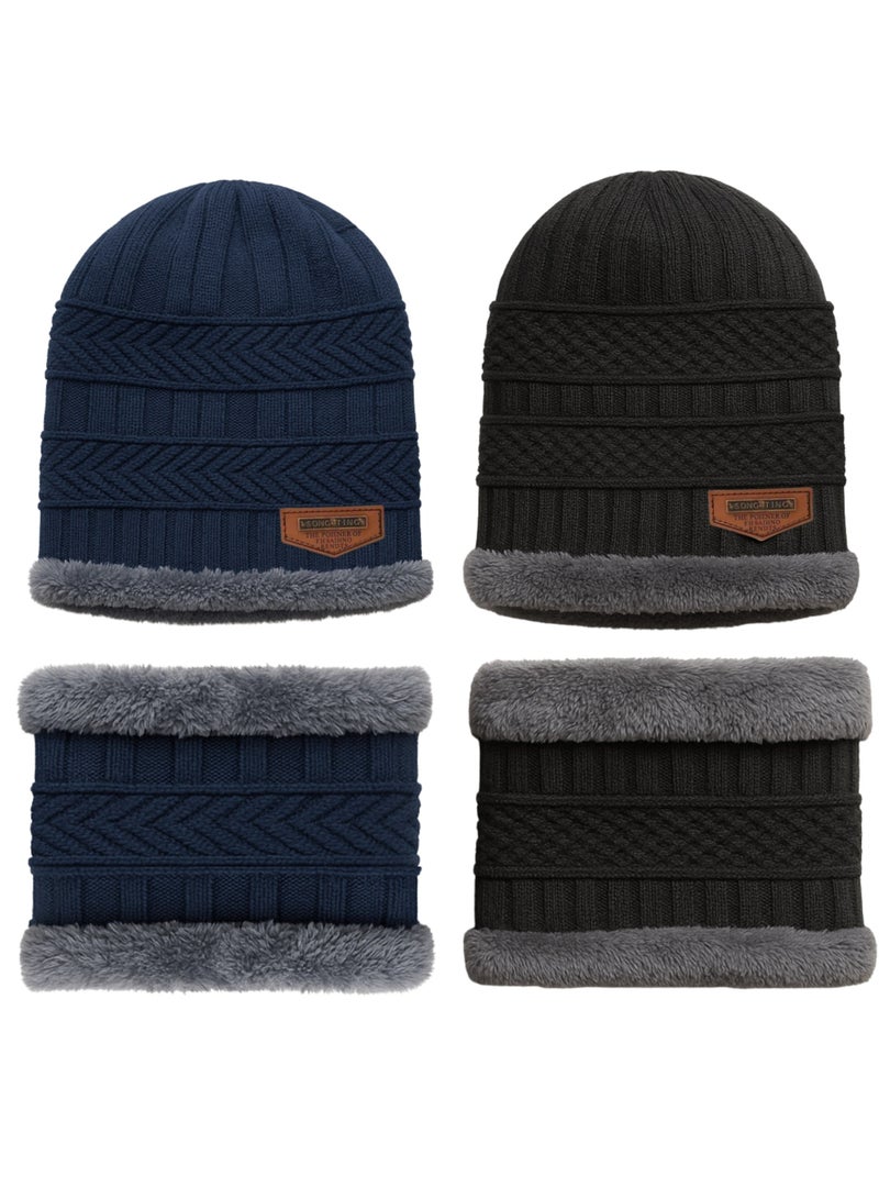 SARAOONT 4 Piece Winter Beanie Hat and Scarf Set Includes 2 Black and 2 Navy Pieces Thick Warm and Cozy for Cold Weather - Image 1