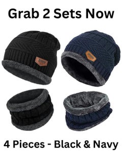 SARAOONT 4 Piece Winter Beanie Hat and Scarf Set Includes 2 Black and 2 Navy Pieces Thick Warm and Cozy for Cold Weather  - Image 2