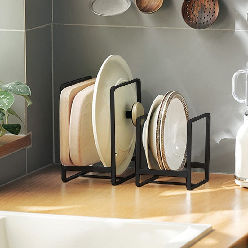 MINGFANITY 2PCS Plate Holders Organizer Metal Dish Storage Dying Display Rack for Cabinet Counter and Cupboard  Black Small and Large