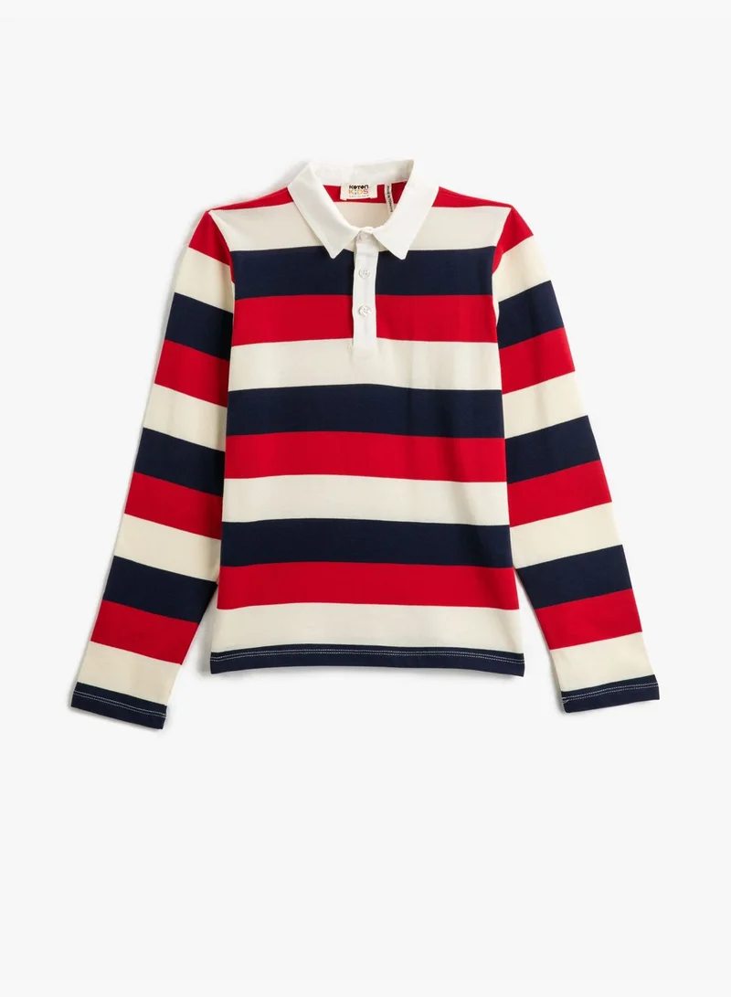كوتون Polo Neck Long Sleeve T-Shirt Button Detail Cotton
