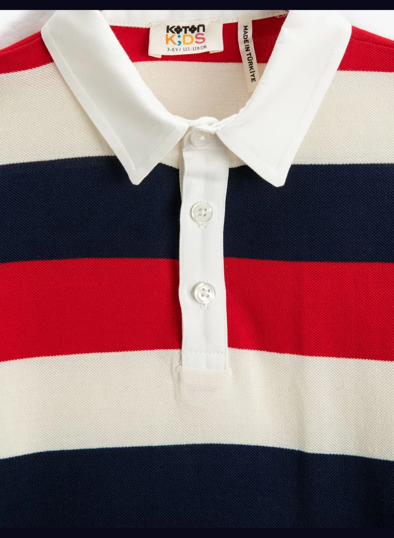 كوتون Polo Neck Long Sleeve T-Shirt Button Detail Cotton