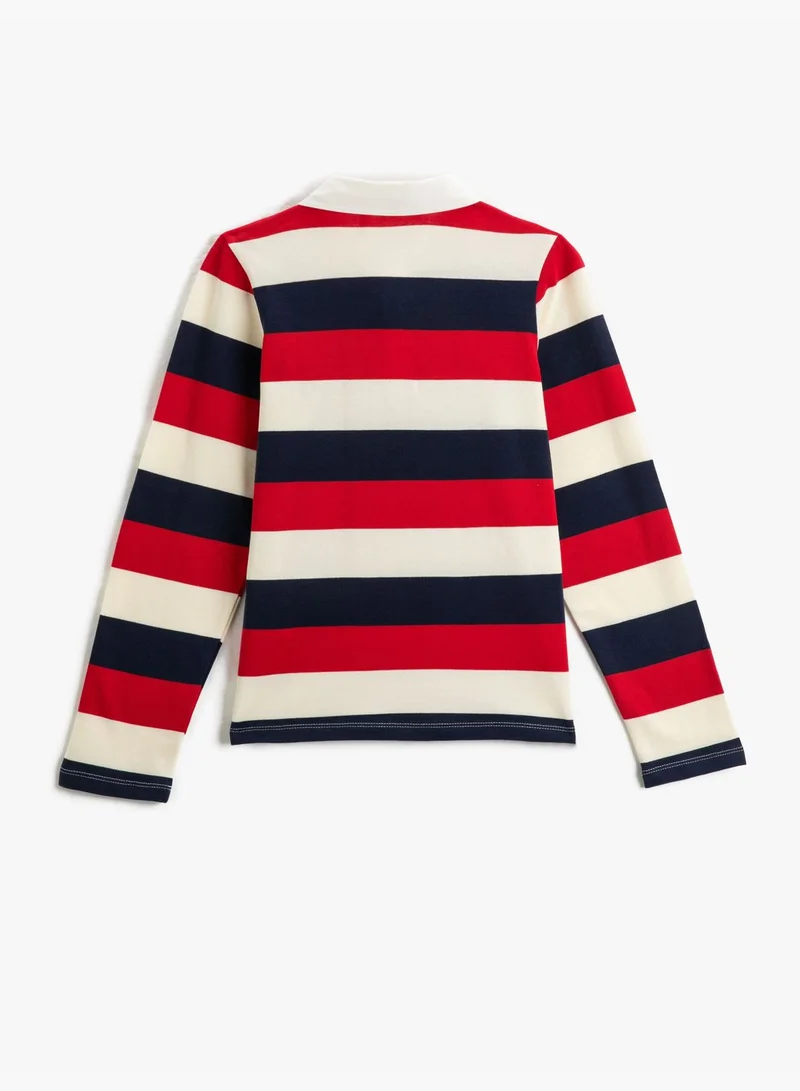 كوتون Polo Neck Long Sleeve T-Shirt Button Detail Cotton