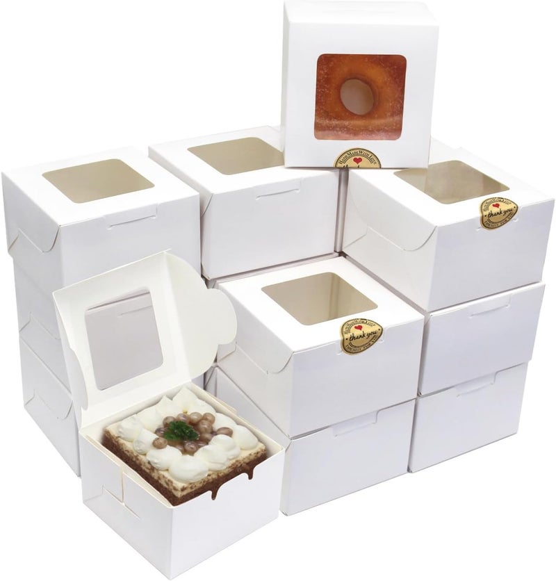 SmilerSmile 30PCS Bakery Boxes,4"x4"x2.5" Small Pastry Treat Boxes with Window Gift Packaging Boxes for Cookies,Pastries,Mini Cakes,Pie Slice,Stickers Included,(White) - Image 1