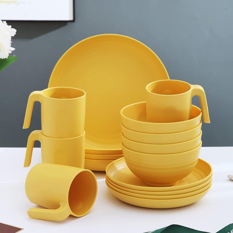 Kyraton Plastic Dinnerware Set of 16 Pieces, Unbreakable And Reusable Light Weight Plates Mugs Bowls Dishes Easy to Carry And Clean Microwave Safe BPA Free Dishwasher Safe Service For 4 (Gold Yellow) - Image 2