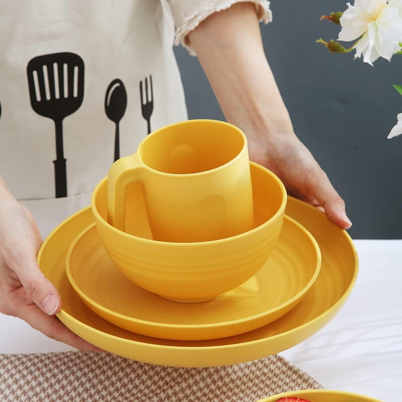 Kyraton Plastic Dinnerware Set of 16 Pieces, Unbreakable And Reusable Light Weight Plates Mugs Bowls Dishes Easy to Carry And Clean Microwave Safe BPA Free Dishwasher Safe Service For 4 (Gold Yellow) - Image 4