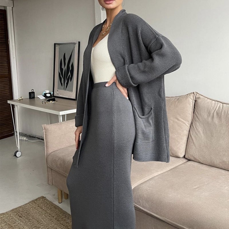 Casual Knit Sweater Set with Belted High-Waist Skirt creamy-white Crewneck - Image 4