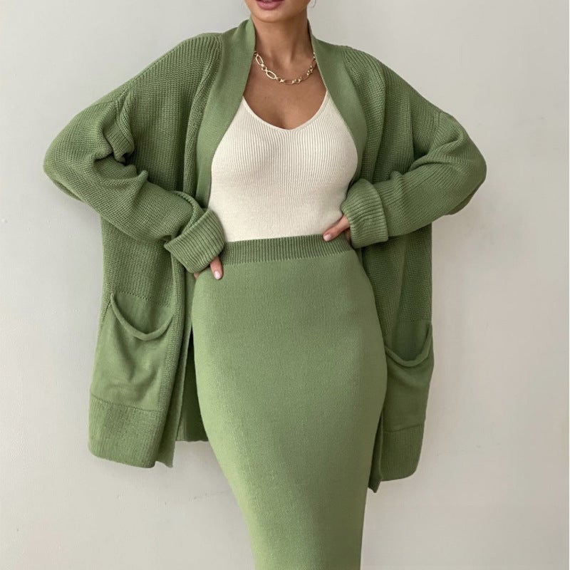 Casual Knit Sweater Set with Belted High-Waist Skirt creamy-white Crewneck - Image 3