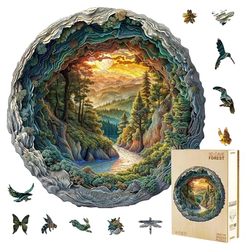 Jollitot Wooden Puzzles 3D Cave Forest Puzzle 200 Pieces Unique Animal Shaped Wood Challenging Jigsaw Puzzles Gifts for Adults 114x113in - Image 1