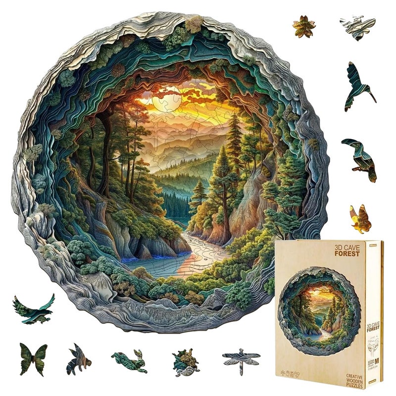 Jollitot Wooden Puzzles 3D Cave Forest Puzzle 200 Pieces Unique Animal Shaped Wood Challenging Jigsaw Puzzles Gifts for Adults 114x113in - Image 3