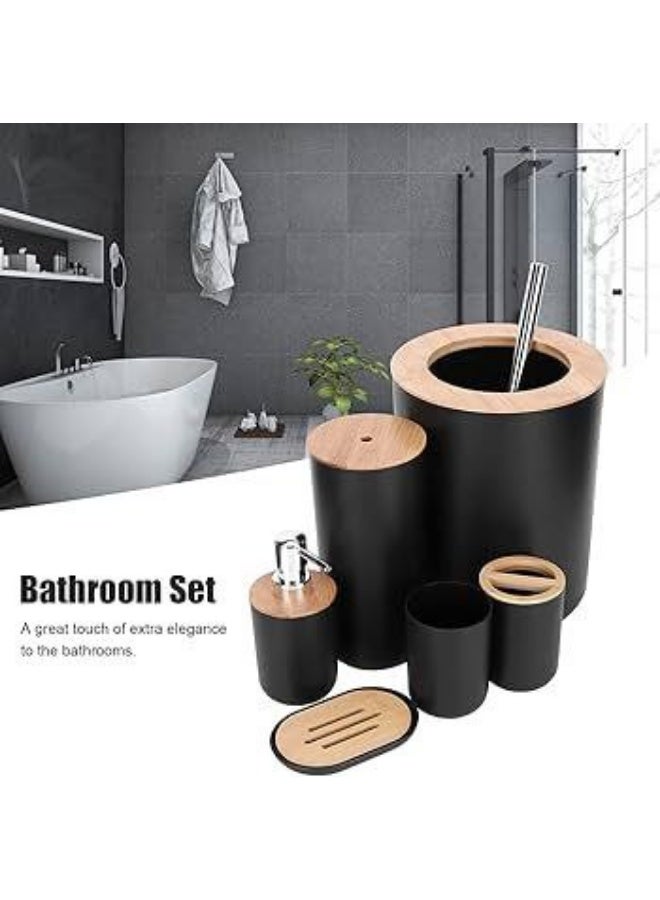 "6-Piece Round Bathroom Set - Includes Wooden Lid Basket, Bath Mat, Soap Dispenser, Toothbrush Holder, Shaving Kit Holder, and Soap Dish - Elegant and Functional BS