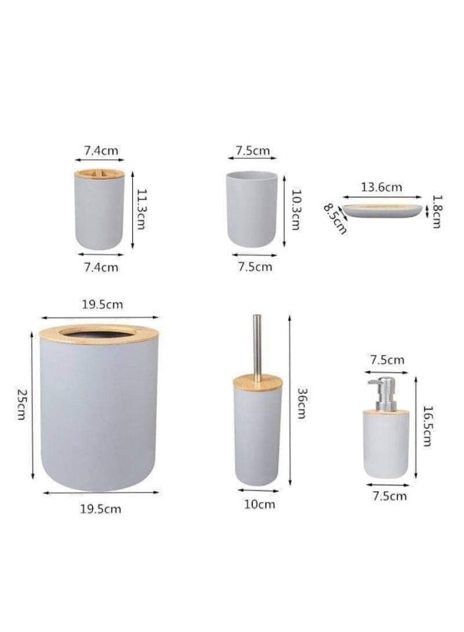 "6-Piece Round Bathroom Set - Includes Wooden Lid Basket, Bath Mat, Soap Dispenser, Toothbrush Holder, Shaving Kit Holder, and Soap Dish - Elegant and Functional BS