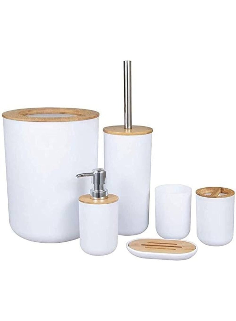 "6-Piece Round Bathroom Set - Includes Wooden Lid Basket, Bath Mat, Soap Dispenser, Toothbrush Holder, Shaving Kit Holder, and Soap Dish - Elegant and Functional BS