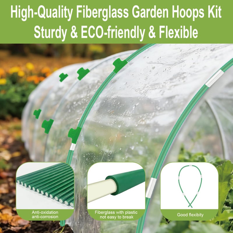 lifskydom 60PCS Garden Hoops for Raised Beds, 8FT Rust-Free Fiberglass Greenhouse Hoops, DIY Frame Stake to Create Grow Tunnels, Plant Support Row Covers & Garden Netting, 40Pcs Clips - Image 4