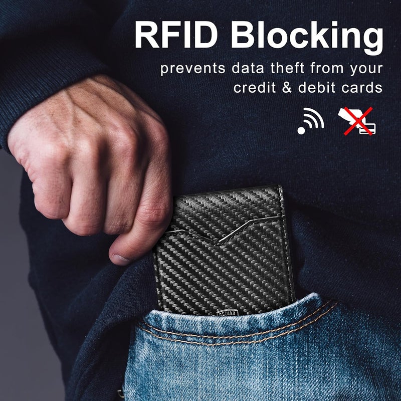 GSOIAX محفظة الرقيقة للرجال، مزودة بحماية ضد تقنية RFID، تصميم مزدوج الأجزاء، مصنوعة من جلد أصلي وألياف كربونية، تحتوي على حامل لبطاقات الائتمان، باللون البنفسجي والأسود، رفيعة الوزن، مع صندوق هدايا. - Image 4