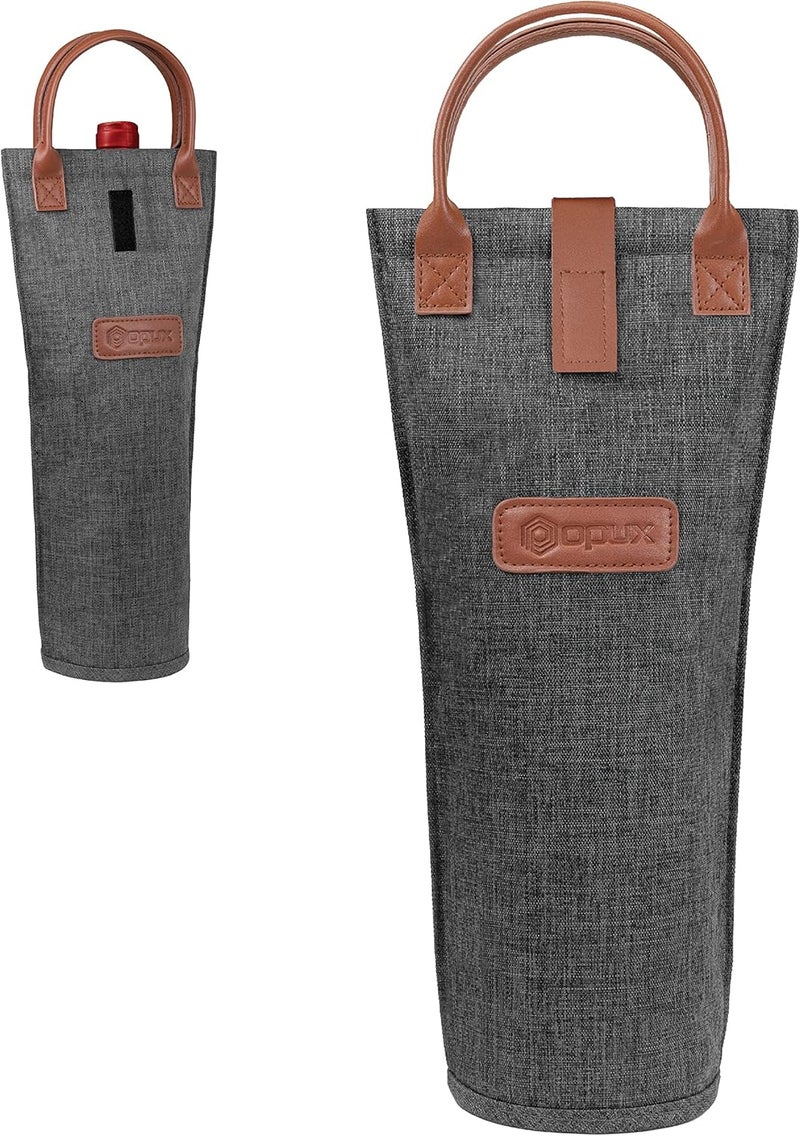OPUX Wine Bag Single Bottle Carrier Tote, Insulated Travel Wine Cooler Bag for Picnic Beach Gift, Thermal Padded Portable One Bottle Holder Carrying Case for Women Men Wine Lovers, Charcoal Gray - Image 1