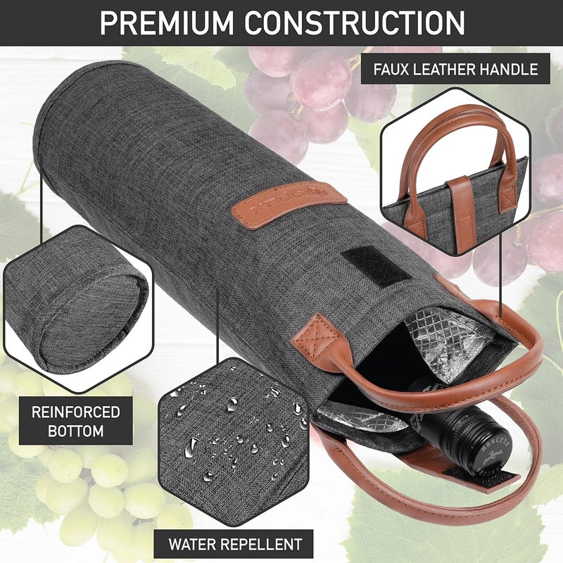 OPUX Wine Bag Single Bottle Carrier Tote, Insulated Travel Wine Cooler Bag for Picnic Beach Gift, Thermal Padded Portable One Bottle Holder Carrying Case for Women Men Wine Lovers, Charcoal Gray - Image 5