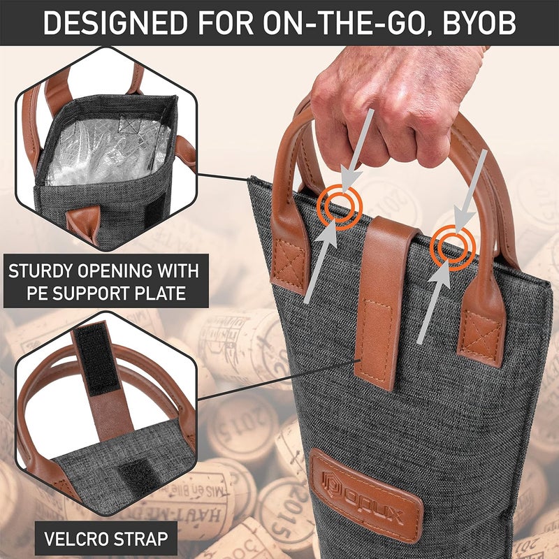 OPUX Wine Bag Single Bottle Carrier Tote, Insulated Travel Wine Cooler Bag for Picnic Beach Gift, Thermal Padded Portable One Bottle Holder Carrying Case for Women Men Wine Lovers, Charcoal Gray - Image 4