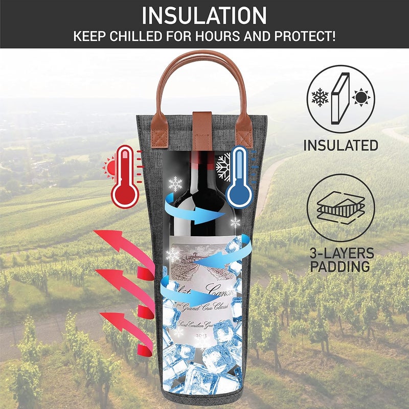 OPUX Wine Bag Single Bottle Carrier Tote, Insulated Travel Wine Cooler Bag for Picnic Beach Gift, Thermal Padded Portable One Bottle Holder Carrying Case for Women Men Wine Lovers, Charcoal Gray - Image 2