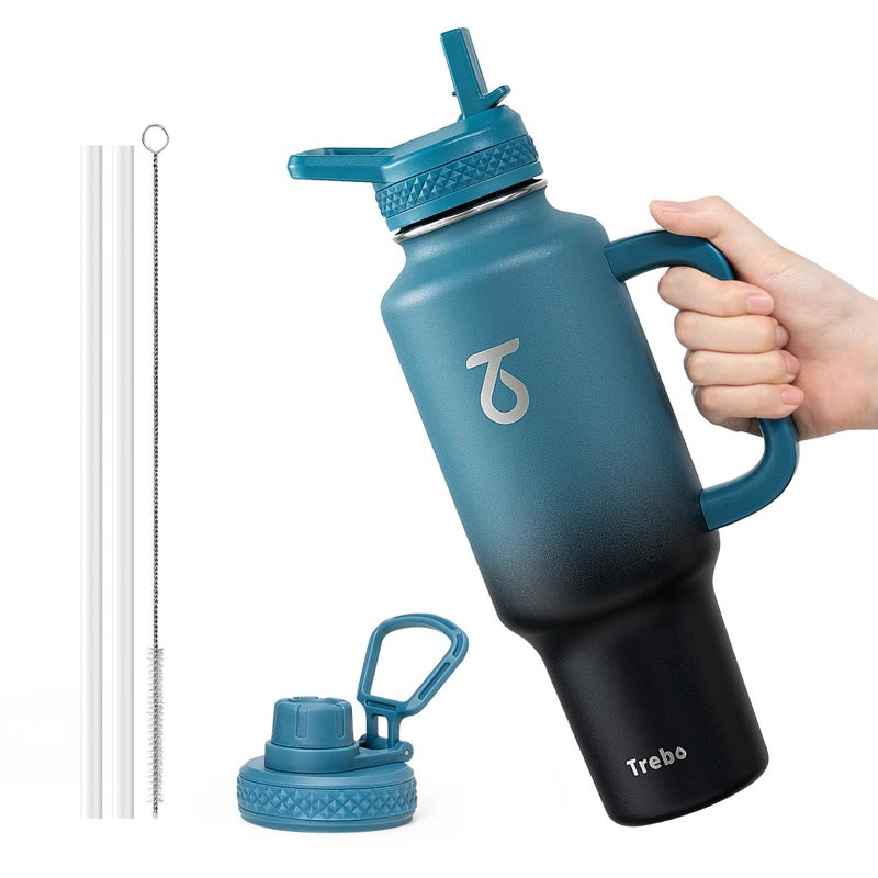 Trebo Insulated Water Bottle 40oz that Fits in Car Cup Holder with Spout Straw Lids Stainless Steel Bottles Travel Flask with Handle Metal Reusable Tumbler Leakproof Keep Cold HotIndigoBlack