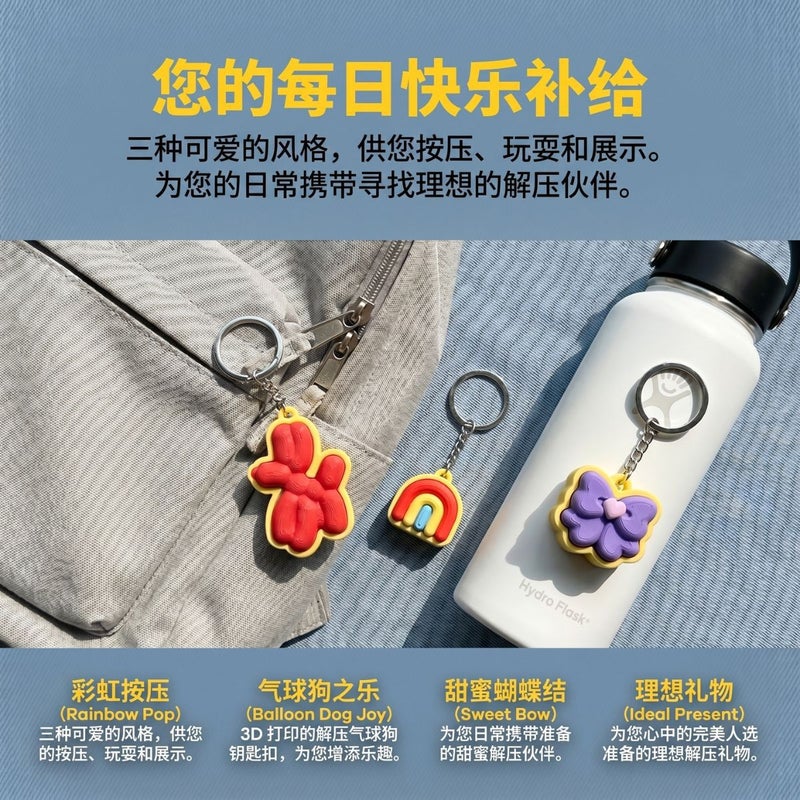 3D Printed Balloon Dog Rainbow Bow Keychain - Image 2
