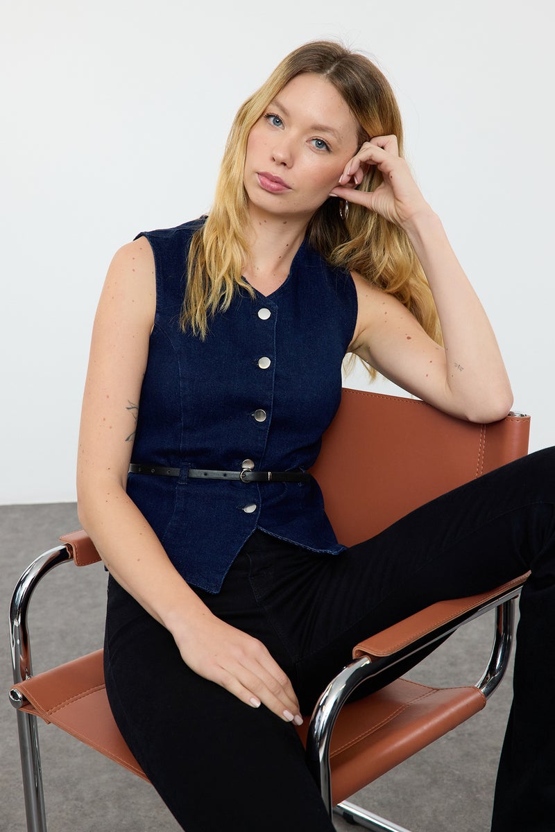 trendyol More Sustainable Dark Blue Belt Detailed Denim Vest - Image 5