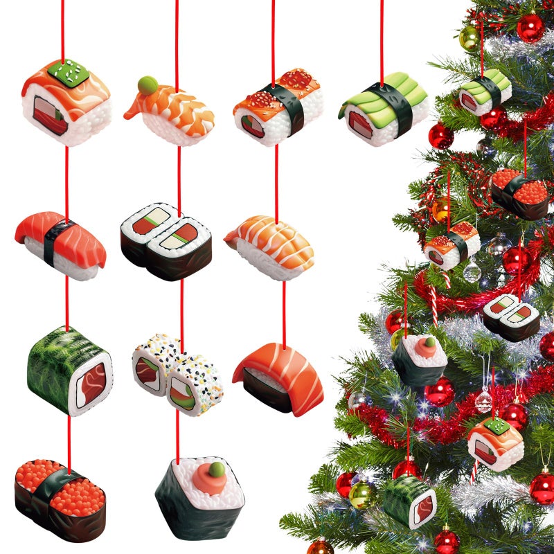 D4DREAM Christmas Ornaments 12Pcs Sushi Hanging Ornament Wooden Sushi Christmas Tree Ornaments Funny Food Ornaments for Christmas Tree Decoration Christmas Sushi Food Ornaments Keepsake Gifts for Kids - Image 1