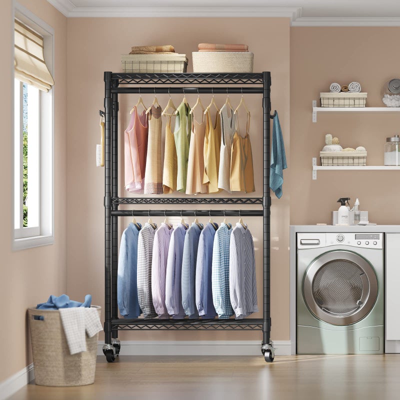 VIPEK R2 Medium Rolling Clothes Rack Heavy Duty Clothing Rack for Hanging Clothes Adjustable Metal Wire Shelving Portable Closet with Wheels Side Hooks, Freestanding Closet Wardrobe, Black - Image 3