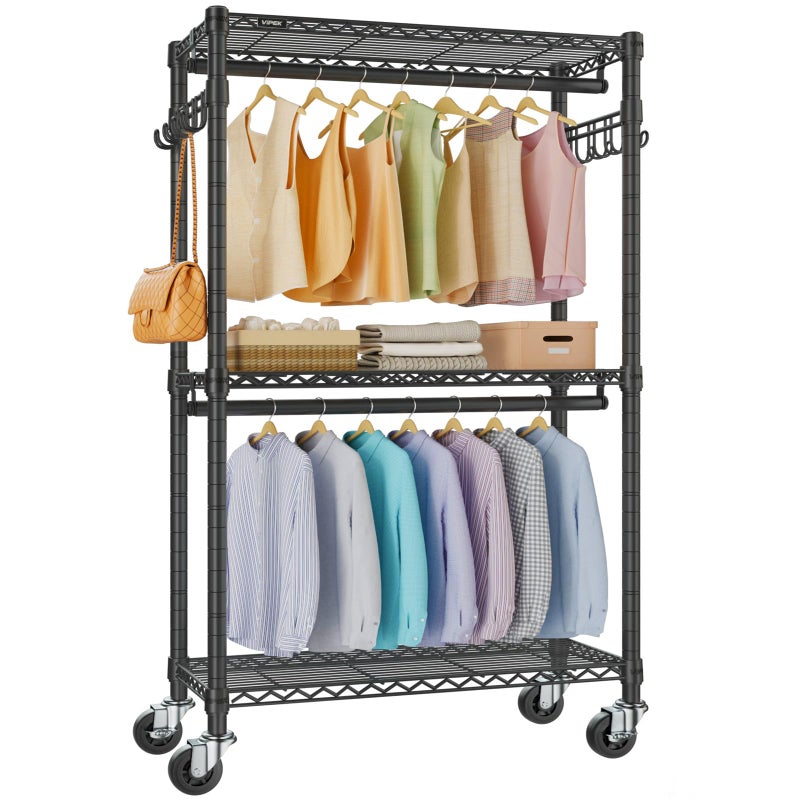 VIPEK R2 Medium Rolling Clothes Rack Heavy Duty Clothing Rack for Hanging Clothes Adjustable Metal Wire Shelving Portable Closet with Wheels Side Hooks, Freestanding Closet Wardrobe, Black - Image 1
