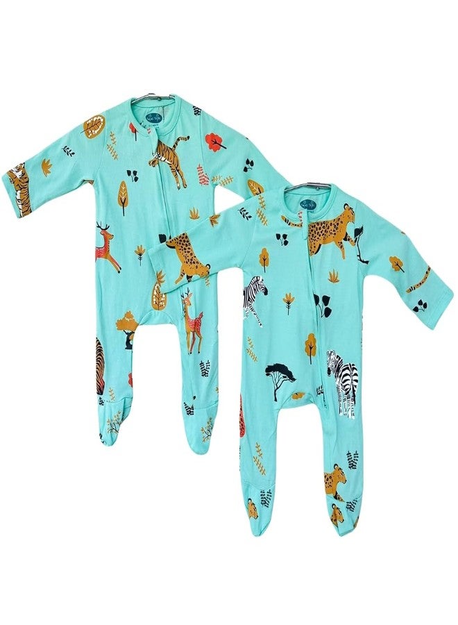 TwinsTribe Twins Rompers Set for Babies Spots & Stripes - Jungle Theme, Size 3-6 months, Gift for Twins, Twin Dress Clothes Outfit, Premium Cotton - Image 1