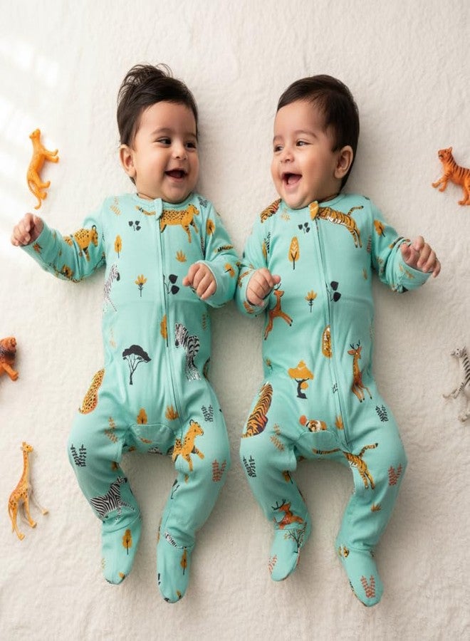 TwinsTribe Twins Rompers Set for Babies Spots & Stripes - Jungle Theme, Size 3-6 months, Gift for Twins, Twin Dress Clothes Outfit, Premium Cotton - Image 2