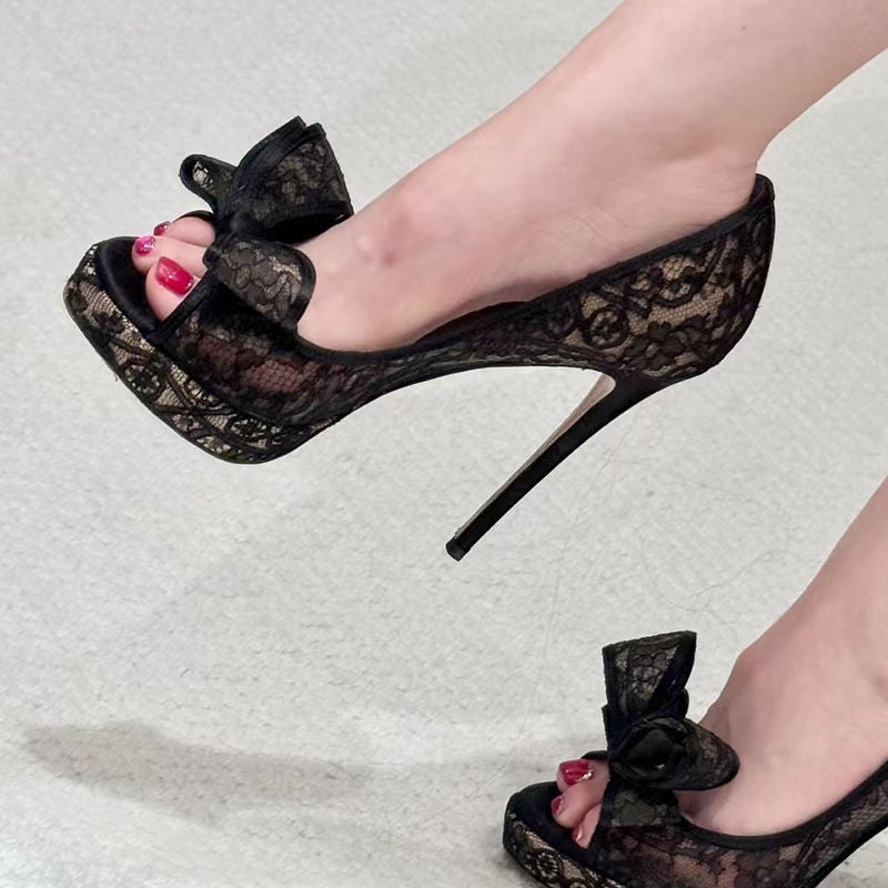 Nightclub Stiletto Waterproof Platform Fish Mouth Shoes Super Popular Bow Lace Breathable Mesh High Heel Fashion Sandals - Image 2